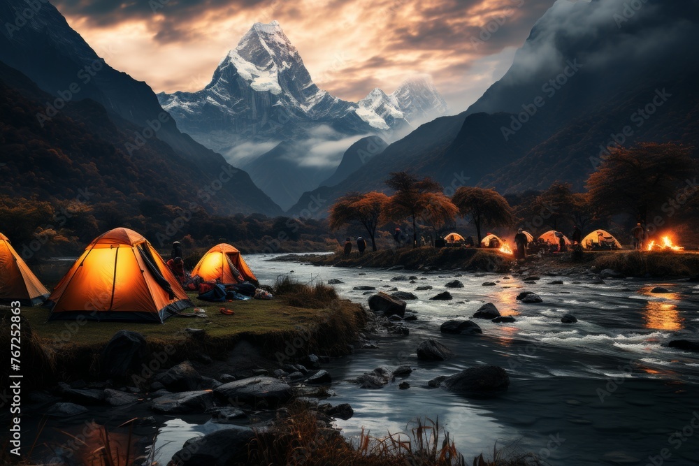 Serene mountain camping at the foot of majestic snow-covered peaks for a tranquil nature retreat
