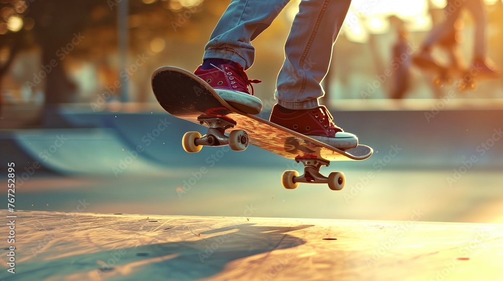 a person jumping a skate board in the air at a skate park at sunset - obrazy, fototapety, plakaty 