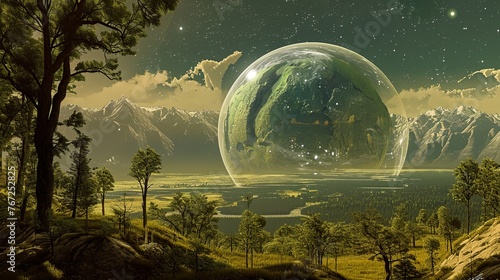 a painting of a planet with mountains and trees in the background