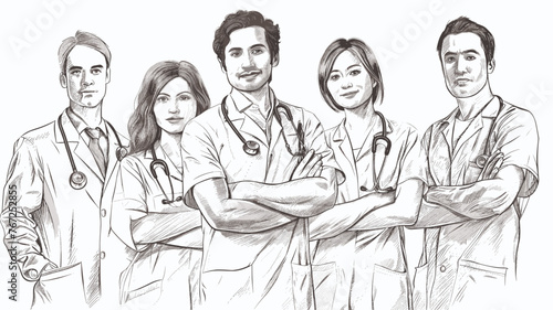 Hospital team, ambulance staff sketch engraving style. Young doctors, surgeons or therapist. Students ordinators, clinical workers vector illustration photo