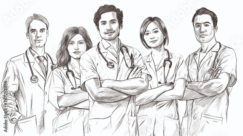 Hospital team, ambulance staff sketch engraving style. Young doctors, surgeons or therapist. Students ordinators, clinical workers vector illustration