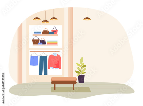 Clothes rack with jeans, shorts and pullover, shelves with bags and accessoires. Vector illustration. Clothes strore interior design. Shopping concept