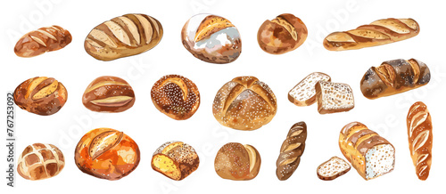 Isolated breads clipart. Bakery products, bread different sizes and forms. Daily pastry, food. Tasty delicious baking vector collection