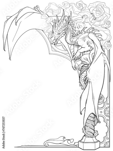 A cartoon illustration of a red dragon sitting on a pedestal, featuring bold black and white linear graphics. The drawing depicts a fictional character in a vibrant artistic style. Decorative frame. 