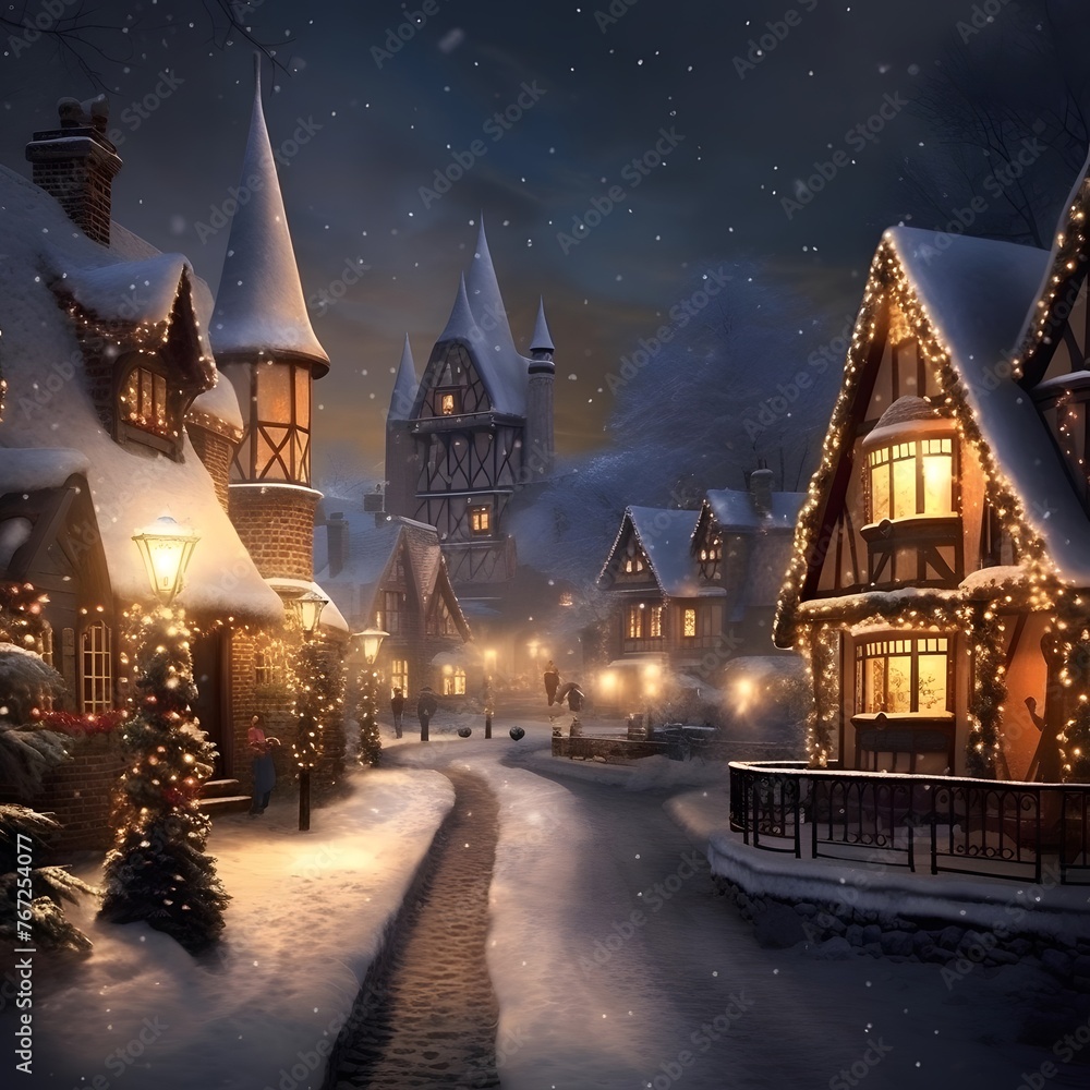 Winter night in the village. Illustration. Digital painting. Christmas.
