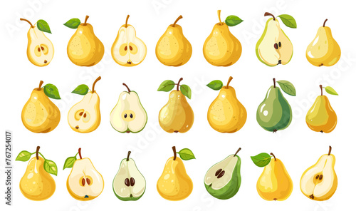 Pears set. Isolated cartoon pear, yellow and green fruits. Fresh food, seasonal agriculture market. Harvest products, vegan vitamin vector elements