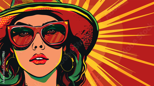 Pop art style poster with fashion woman. Summer style girl wear hat and sunglasses. Modern sexy female characters, vector abstract banner