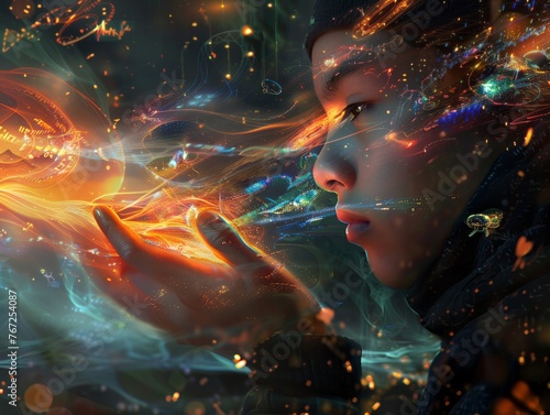 A woman is holding a glowing orb in her hand. The orb is surrounded by a colorful, swirling vortex of light. The woman's face is illuminated by the light, and she is in a state of awe or wonder