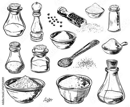 Salt and peppers. Sketch of crushed pepper, sea salted piles. Spices in bowls, spoon and shakers. Hand drawing cooking elements, vector collection
