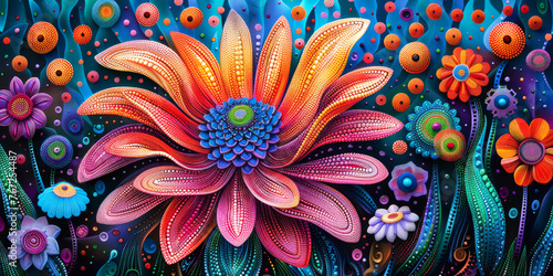 Vivid Flower Art in Psychedelic Color PatternsA richly colored digital painting featuring a psychedelic pattern with a prominent flower design.
 photo