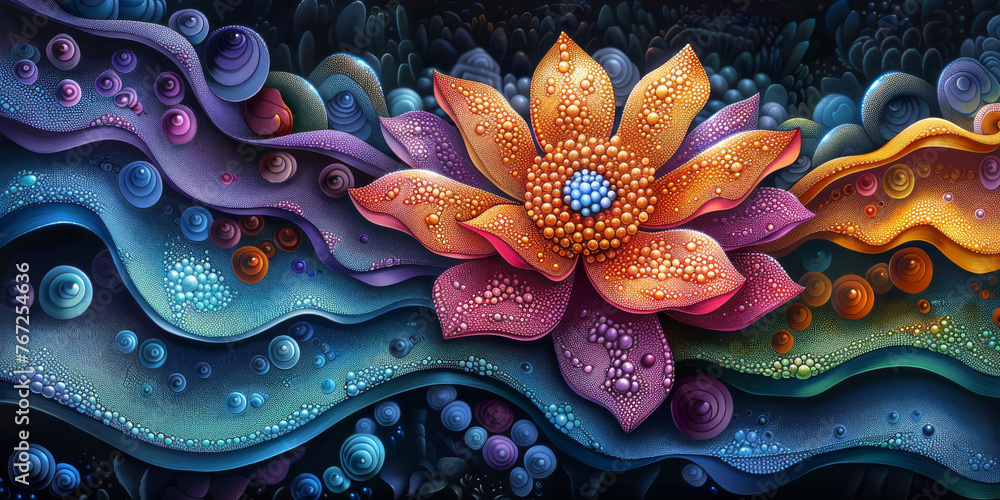 Colorful abstract painting of a Waterlily flower floating on water, panoramic masterpiece creativity scenery bloom Colorful abstract painting of a Waterlily flower floating on water, panoramic masterpiece creativity scenery bloom