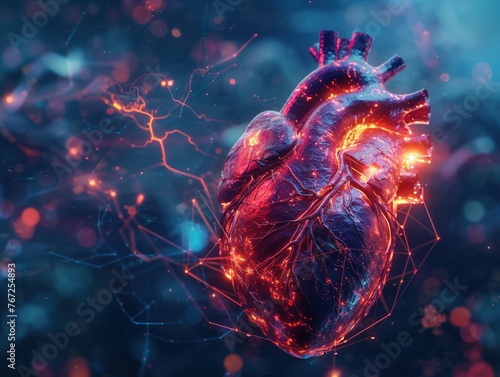 An artistic rendering of a broken heart suspended in a holographic field, digital threads weaving it back together, blending human emotion with futuristic healing technology , high detail photo