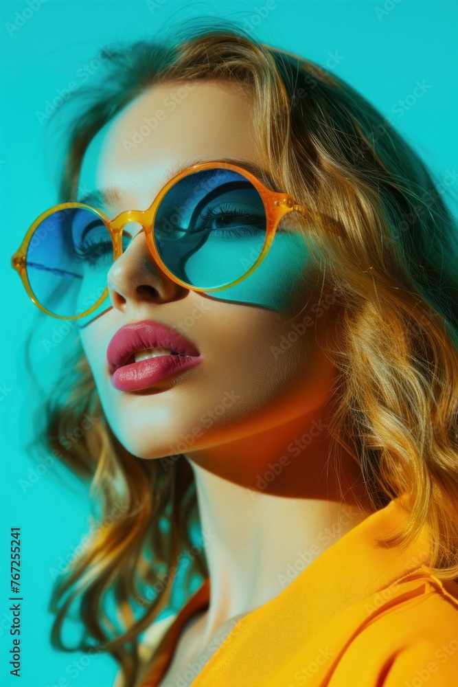 Stylish woman with sunglasses posing by colorful background, vibrant summer fashion concept.