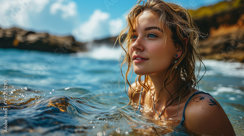 fashion model portrait outdoors. boho style young woman in the sea