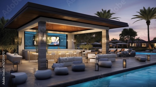 Vegas-style pool cabana with stylish bar plush lounge seating and TVs.