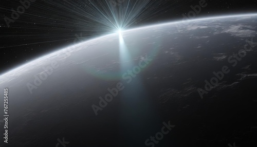 3d rendering of earth from space with run rising and ray light flare at horizon among glowing stars in galaxy for wallpaper sci fi science or technology background