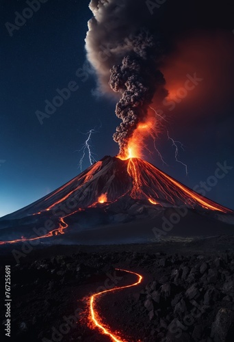 Strong volcanic eruption at night,