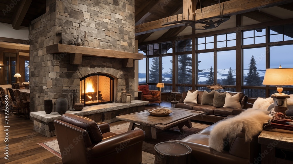 Warm and rustic ski chalet living room with towering stone fireplace and reclaimed wood ceilings.
