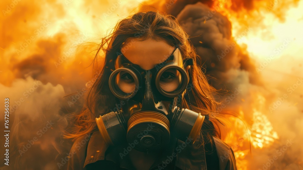 A girl in a gas mask against the background of a fire. A girl in a gas mask against the background of a fire.