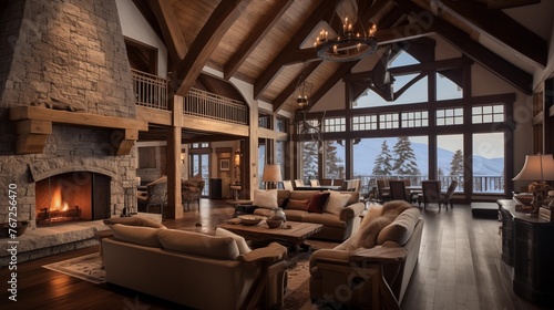 Warm and rustic ski chalet with timber frame construction vaulted ceilings and stone fireplace. © Aeman