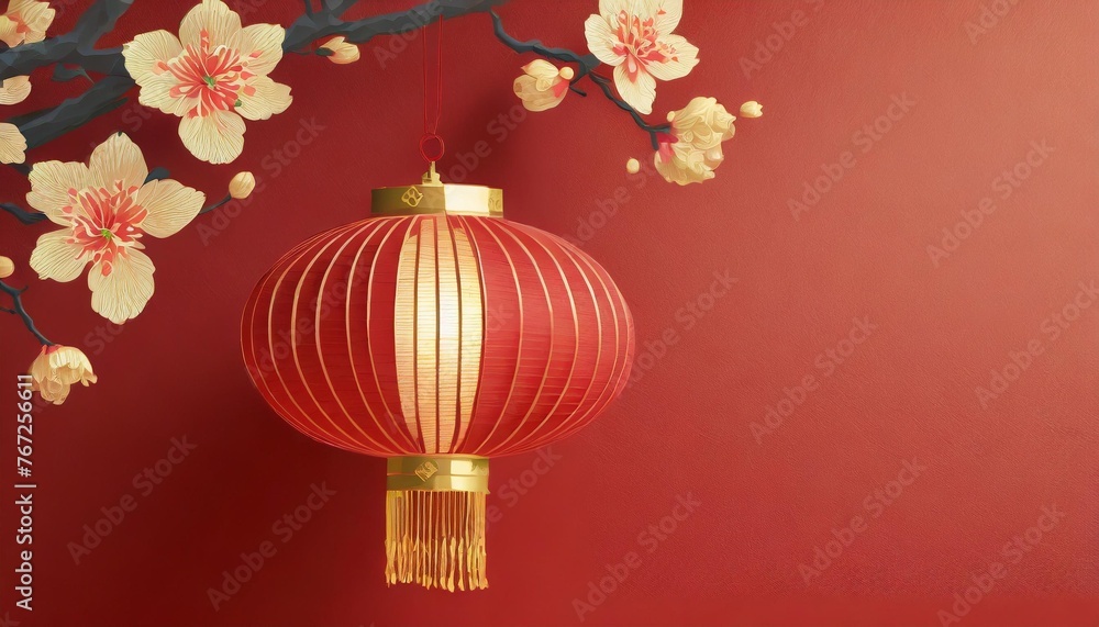 red hanging lantern traditional asian decor on red background with flowers chinese lantern festival new year abstract greeting backdrop with copy space design for poster card banner