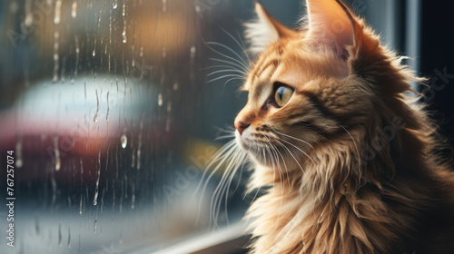 cat looking raindrops on window © mimadeo