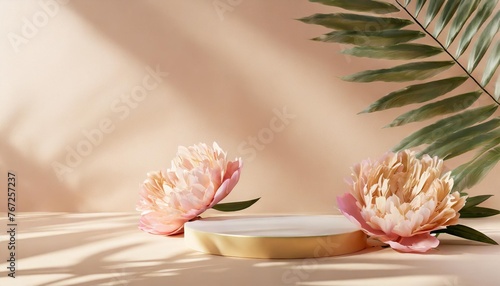 3d podium display pastel pink background with peonies flower and palm leaf shadow minimal pedestal for beauty cosmetic product holiday feminine copy space template 3d render
