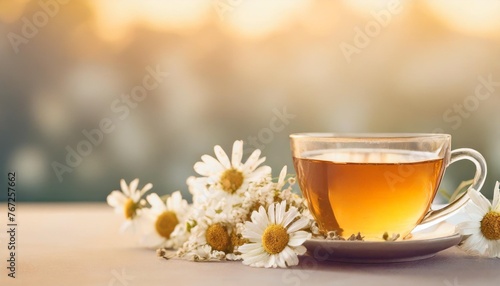 chamomile tea and daisies composition on defocused background with space for text placement