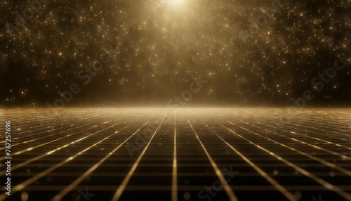 perspective grid abstract background shining golden floor ground particles stars dust with flare futuristic glittering in space on black background