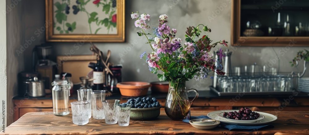 Wall picture in frame visible from the front, wooden table adorned with a vase of flowers, neatly arranged glasses and plates, covered ceramic food container, and fresh blueberries. Wall picture in frame visible from the front, wooden table adorned with a vase of flowers, neatly arranged glasses and plates, covered ceramic food container, and fresh blueberries.