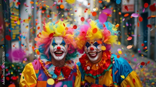 The funny laughing clown, April fools Day, happy clowns with colorful hair and a big smile, dressed as a clown, is holding balloons and laughing.