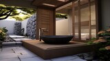 Zen master bathroom oasis with ofuro soaking tub shoji doors and garden courtyard with water features.