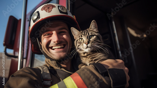 Portrait of a firefighter holding a cat in his hands and smiling