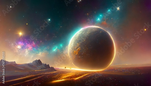 neon abstract space background with nebula and stars futuristic fantasy landscape futuristic space sci fi abstract background sci fi landscape with planet neon light cold planet 3d render