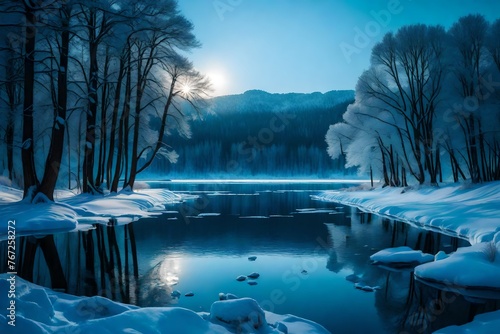 a lake with an ice in the winter evening
