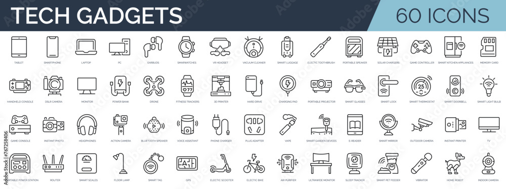 Set of 60 outline icons related to tech gadgets. Linear icon collection. Editable stroke. Vector illustration - obrazy, fototapety, plakaty 