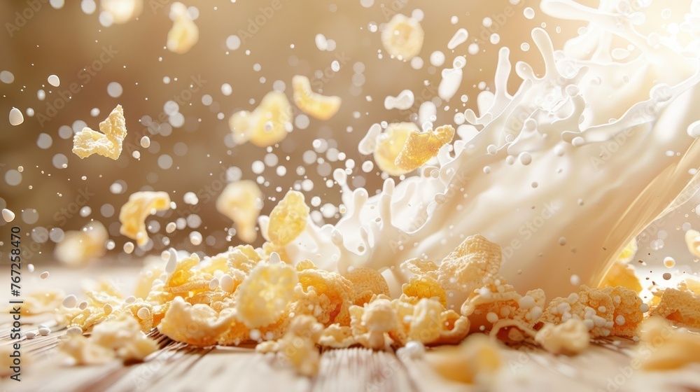 Falling corn flakes with milk splash on wooden background. Falling corn flakes with milk splash on wooden background.