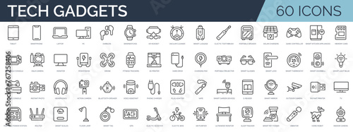 Set of 60 outline icons related to tech gadgets. Linear icon collection. Editable stroke. Vector illustration © SkyLine