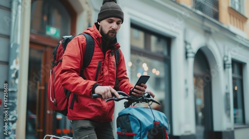 Food shipping, profession and people concept - delivery man with thermal insulated bag and bicycle on city street calling on smartphone  © Jeerawut