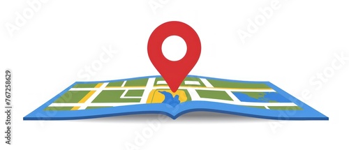 Folded map with a red location pin indicating a destination or point of interest on a white background.