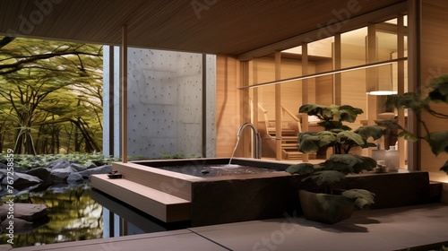 Zen modern spa bathroom with freestanding hinoki ofuro tub shoji screens and indoor garden with bonsai plantings. photo