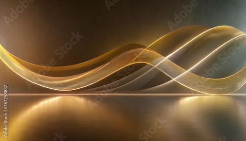 3d render abstract panoramic background of curvy dynamic neon lines glowing in the dark room with floor reflection virtual fluorescent ribbon fantastic wallpaper