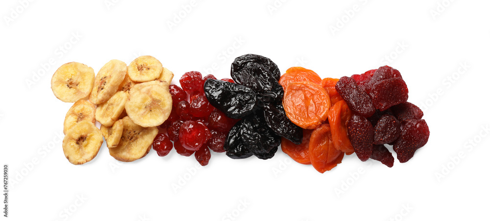 Obraz premium Mix of delicious dried fruits isolated on white, top view