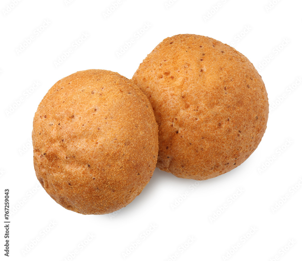 Fresh hamburger buns isolated on white, top view Fresh hamburger buns isolated on white, top view