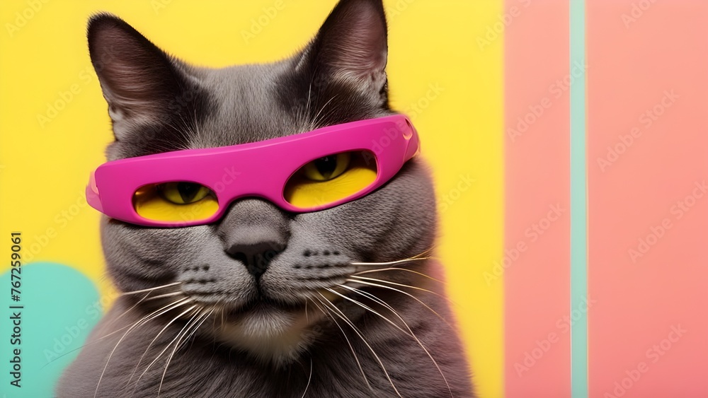 Handsome fashionable furry grey cat wearing yellow and pink sunglasses. : Copy space for text - obrazy, fototapety, plakaty 