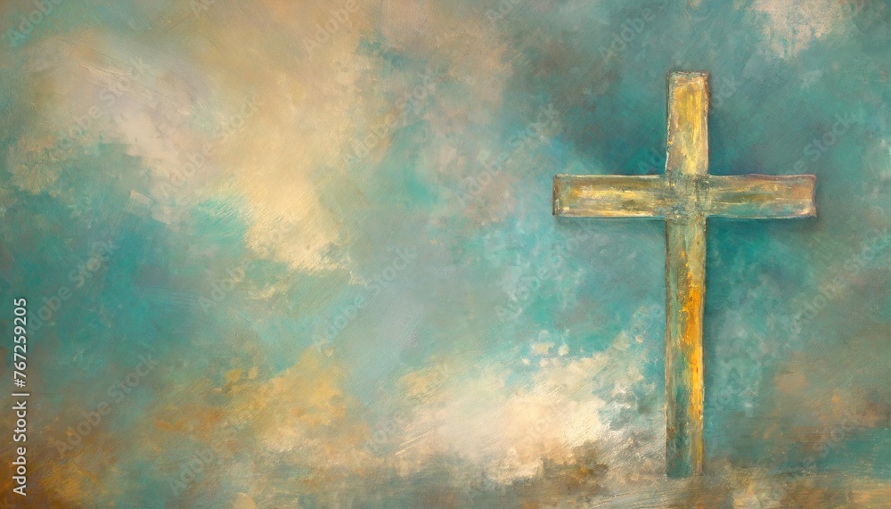 cross painting in tones of teal art with roughly painted effect background with copy space ready for text scripture worship lyrics quote