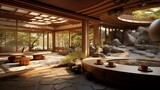 Serene Japanese-inspired tea house with shoji screens tatami mats curved wooden ceiling and rock garden courtyard.