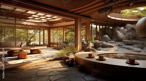 Serene Japanese-inspired tea house with shoji screens tatami mats curved wooden ceiling and rock garden courtyard.