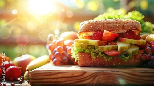 Nutritious vegetarian meal or snack for a sandwich, with fruits and veggies to go. photo