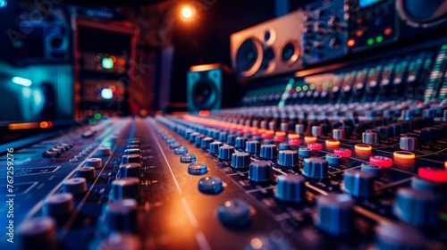 State of the Art Music Recording and Production Studio with Professional Gear, Mixing Console in Recording Studio.